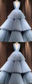 Blue V Neck Tulle Long Prom Dress, Blue Tulle Evening Dress