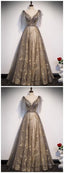 Elegant V Neck Gray Gold Tulle Lace Long Prom Dress, Tulle Formal Dress