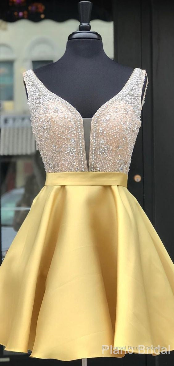 V Neck Beaded Satin Homecoming Dress With Pocket Secondary image