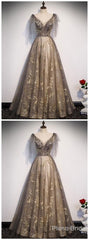 Elegant V Neck Gray Gold Tulle Lace Long Prom Dress, Tulle Formal Dress