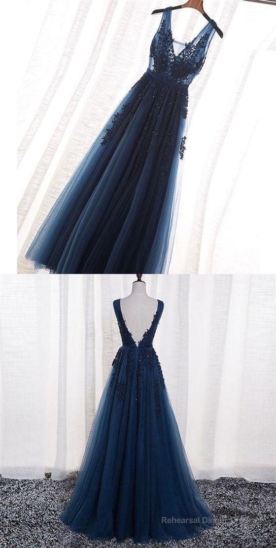 Elegant Navy Blue Prom Dress, Long Backless Prom Dress, Prom Dress With Appliques Main image