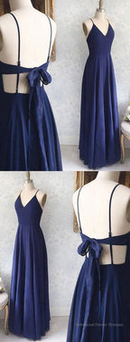 Great Evening Dresses, Backless Sexy Spaghetti Straps Backless Navy Blue Chiffon A Line Floor Length Prom Dress