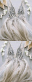 Deep V Neck Long Tulle Split Prom Evening Dresses With Sequins And Beads