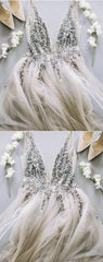 Deep V Neck Long Tulle Split Prom Evening Dresses With Sequins And Beads