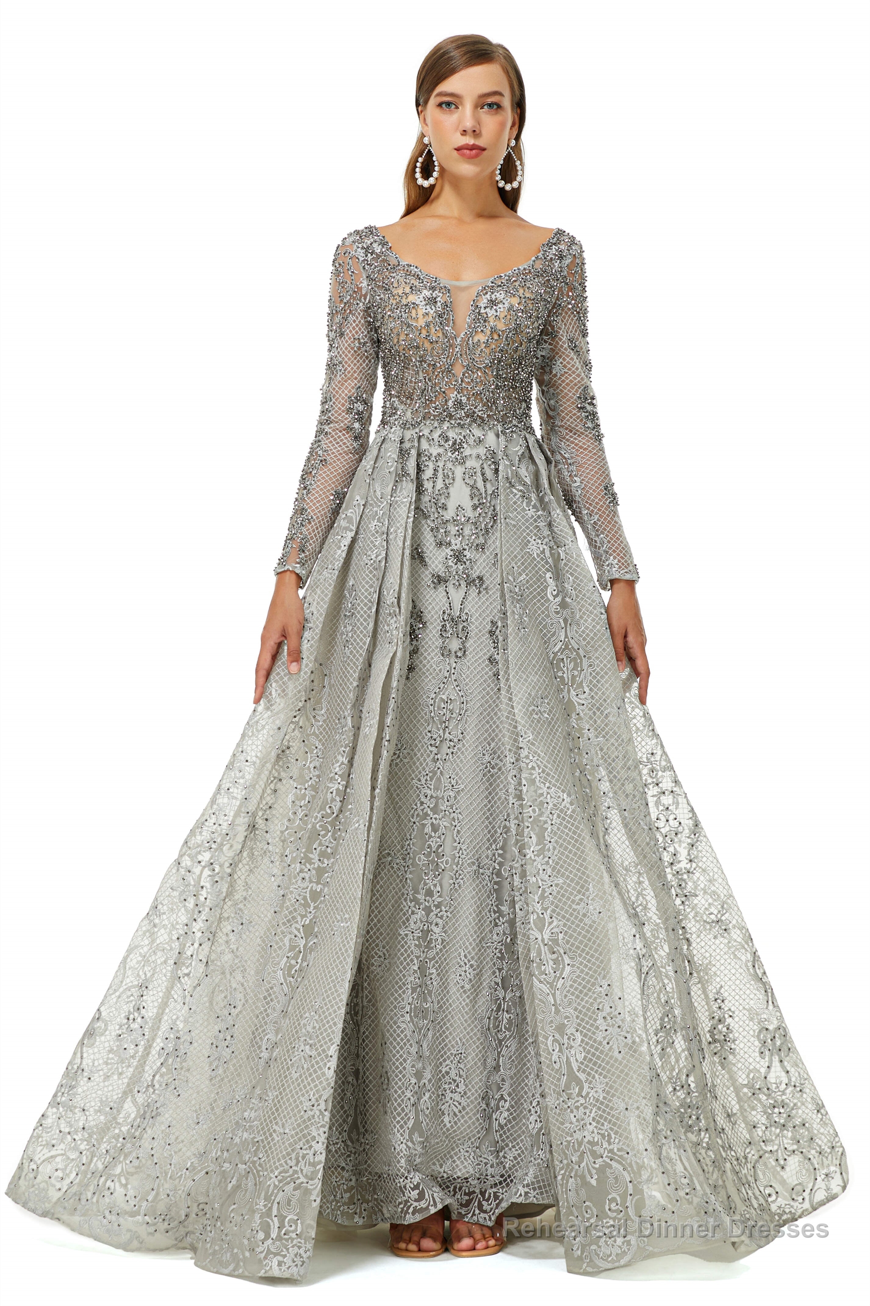 Tulle Long Sleeve Appliques Beading Prom Dresses