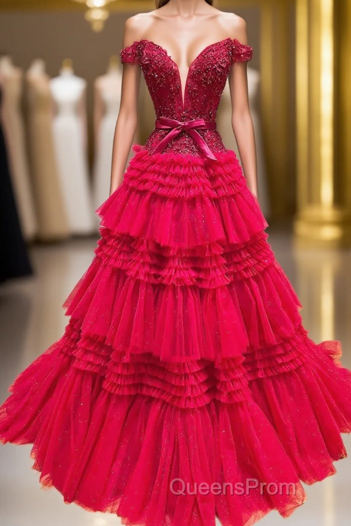 Off the Shoulder Red Appliques Tiered Long Formal Dress Main image