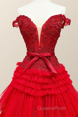 Off the Shoulder Red Appliques Tiered Long Formal Dress
