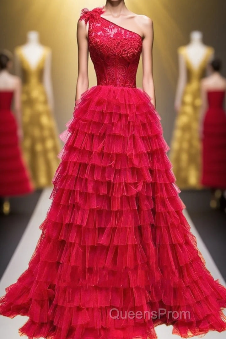 One Shoulder Lace and Tulle Tiered Ruffle Evening Prom Dress Main image