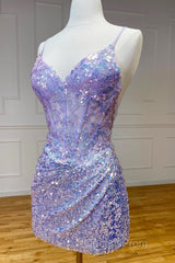 Purple Straps Sequined Embroidery Sheath Homecoming Dress