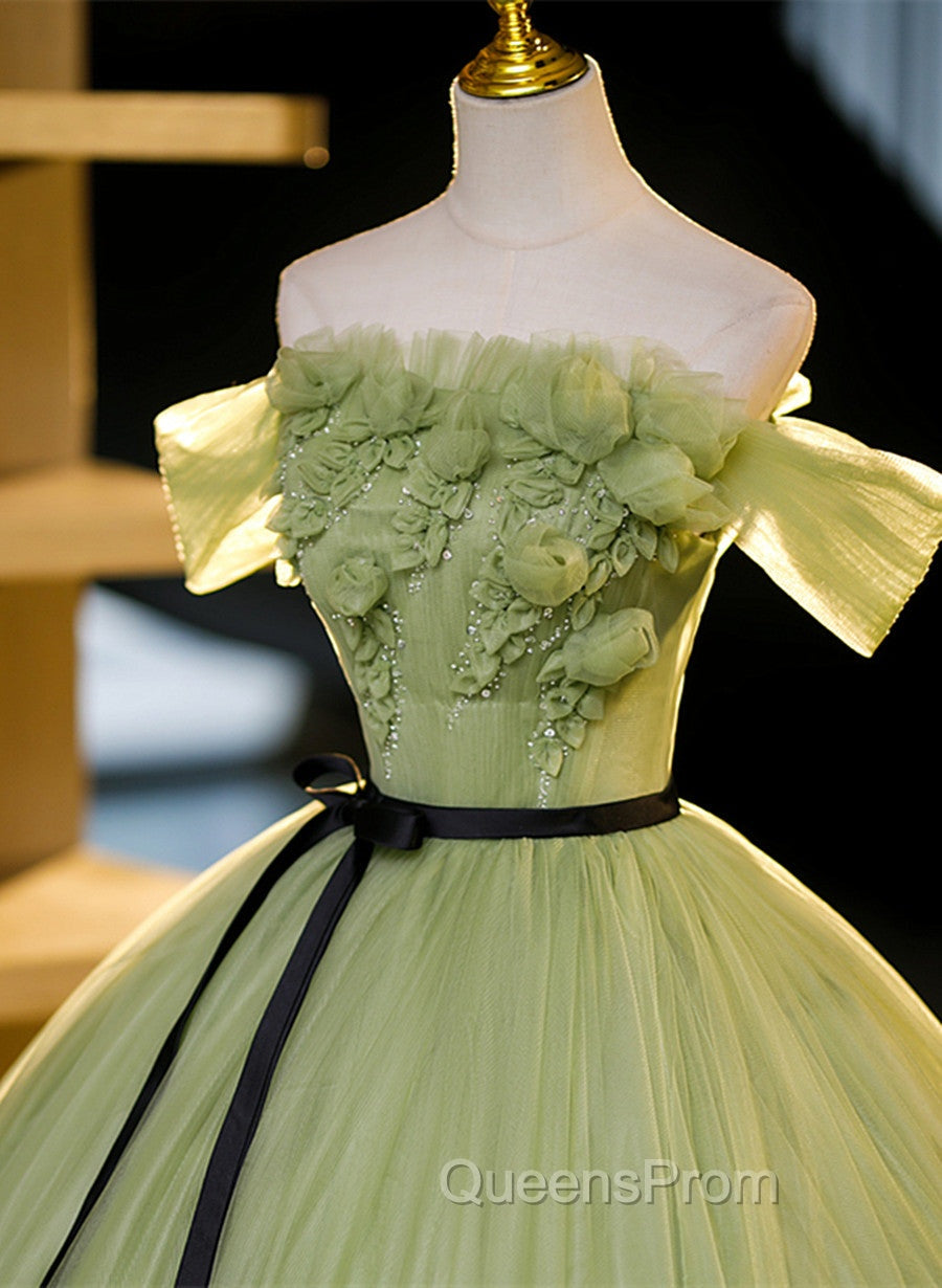 Geen Tulle A-line Evening Prom Dress with FLowers, Off  Shoulder Tulle Party Dress