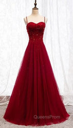 Gemgrace Burgundy Evening Prom Dress, Long Tulle Evening Dress With Straps