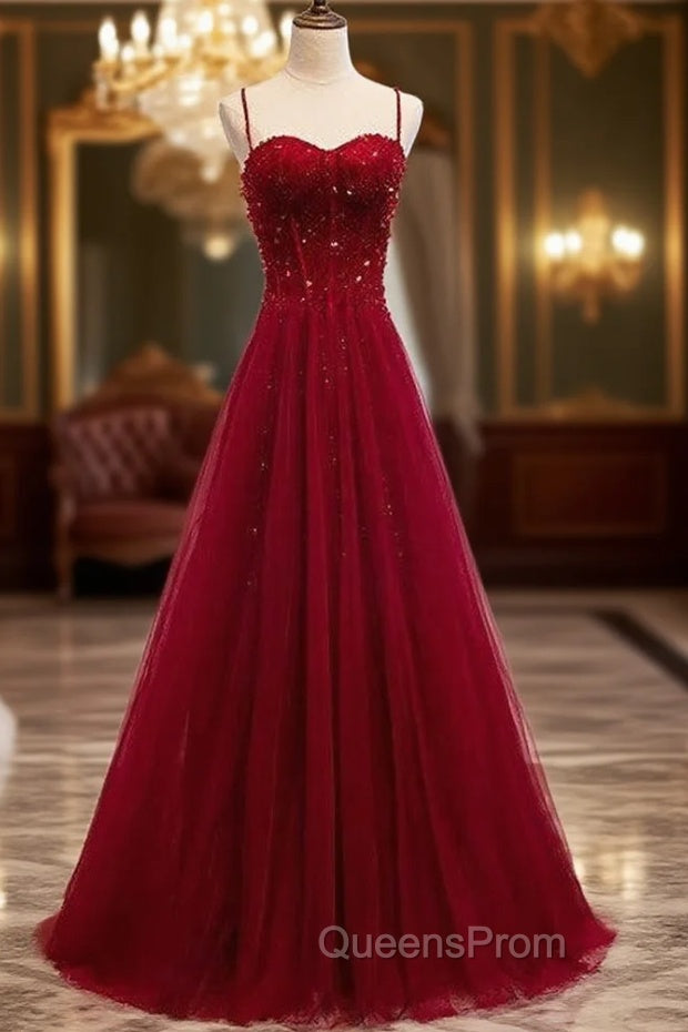 Gemgrace Burgundy Evening Prom Dress, Long Tulle Evening Dress With Straps Main image