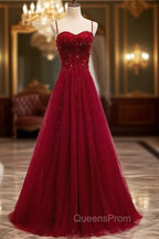 Gemgrace Burgundy Evening Prom Dress, Long Tulle Evening Dress With Straps