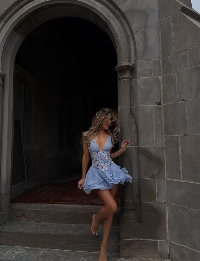 Gentle A Line V Neck Embroidery Satin Layered Blue Chiffon Homecoming Dress Birthday Dress Secondary image