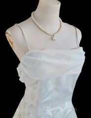 Gentle Blue A-Line Spaghetti Strap Satin Chiffon Long Evening Prom Dress Birthday Dress Graduation Evening Prom Dress