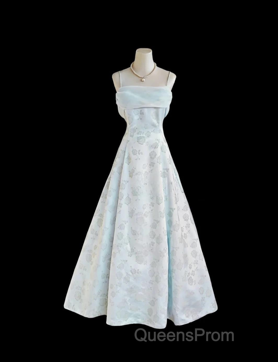 Gentle Blue A-Line Spaghetti Strap Satin Chiffon Long Evening Prom Dress Birthday Dress Graduation Evening Prom Dress