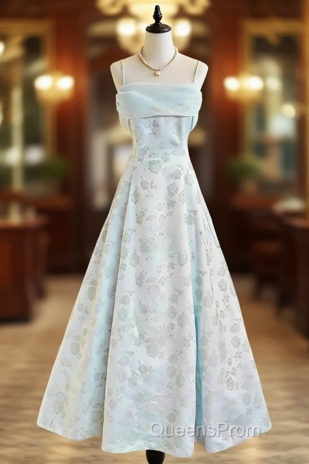 Gentle Blue A-Line Spaghetti Strap Satin Chiffon Long Evening Prom Dress Birthday Dress Graduation Evening Prom Dress Main image