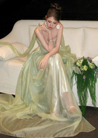 Gentle Light Green A-Line Strapless Layered Ruffled Tulle Train Classy Prom Dress
