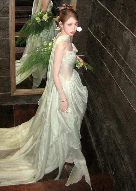 Gentle Light Green A-Line Strapless Layered Ruffled Tulle Train Classy Prom Dress