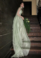 Gentle Light Green A-Line Strapless Layered Ruffled Tulle Train Classy Prom Dress