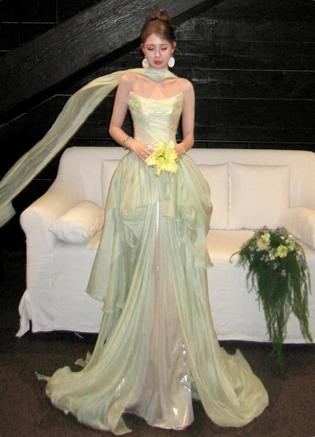 Gentle Light Green A-Line Strapless Layered Ruffled Tulle Train Classy Prom Dress Main image