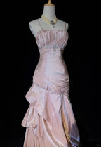Sweet Spaghetti Straps Mermaid Classy Evening Dress Pink Satin Layered Pleated Classy Prom Dress With Beading