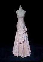 Sweet Spaghetti Straps Mermaid Classy Evening Dress Pink Satin Layered Pleated Classy Prom Dress With Beading