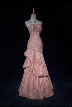 Sweet Spaghetti Straps Mermaid Classy Evening Dress Pink Satin Layered Pleated Classy Prom Dress With Beading