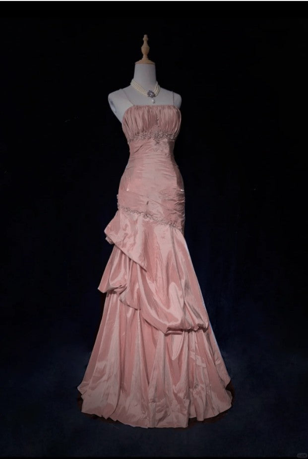 Sweet Spaghetti Straps Mermaid Classy Evening Dress Pink Satin Layered Pleated Classy Prom Dress With Beading