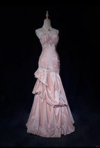 Sweet Spaghetti Straps Mermaid Classy Evening Dress Pink Satin Layered Pleated Classy Prom Dress With Beading