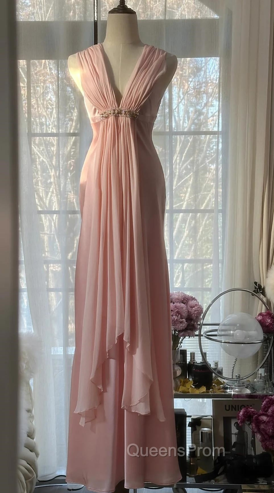 Gentle Pink Sheath Chiffon Ribbon V-Neck Simple Evening Prom Dress Secondary image