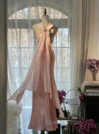 Gentle Pink Sheath Chiffon Ribbon V-Neck Simple Evening Prom Dress
