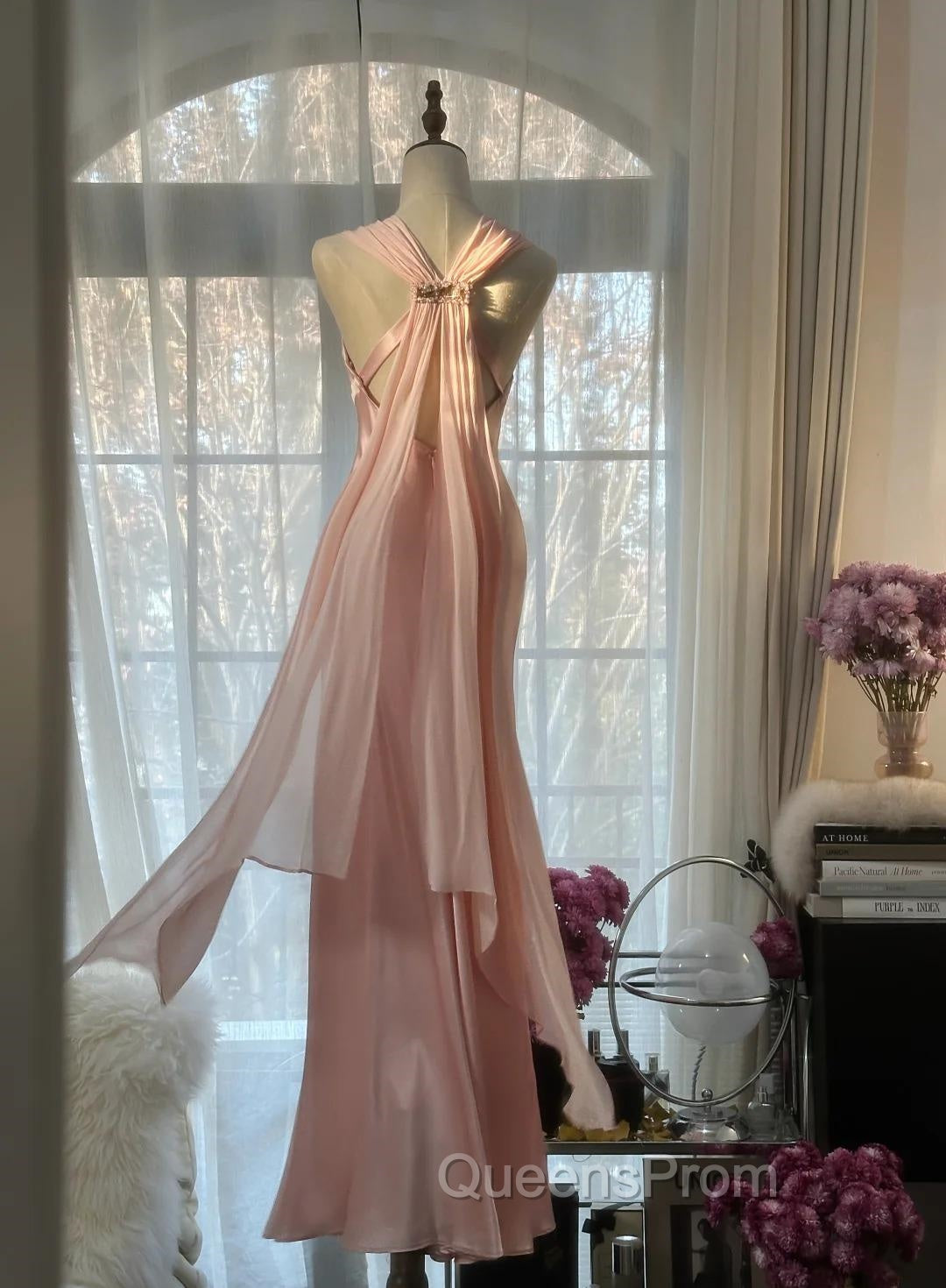 Gentle Pink Sheath Chiffon Ribbon V-Neck Simple Evening Prom Dress