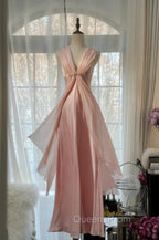Gentle Pink Sheath Chiffon Ribbon V-Neck Simple Evening Prom Dress