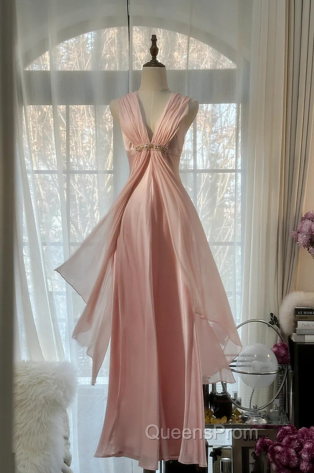 Gentle Pink Sheath Chiffon Ribbon V-Neck Simple Evening Prom Dress