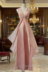 Gentle Pink Sheath Chiffon Ribbon V-Neck Simple Evening Prom Dress