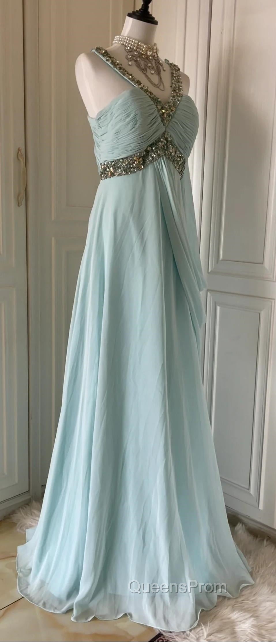 Gentle Tiffany Blue Chiffon V-Neck Beaded Sequin A-Line Long Evening Prom Dress Wedding Evening Dress Secondary image
