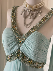 Gentle Tiffany Blue Chiffon V-Neck Beaded Sequin A-Line Long Evening Prom Dress Wedding Evening Dress