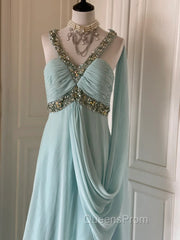 Gentle Tiffany Blue Chiffon V-Neck Beaded Sequin A-Line Long Evening Prom Dress Wedding Evening Dress