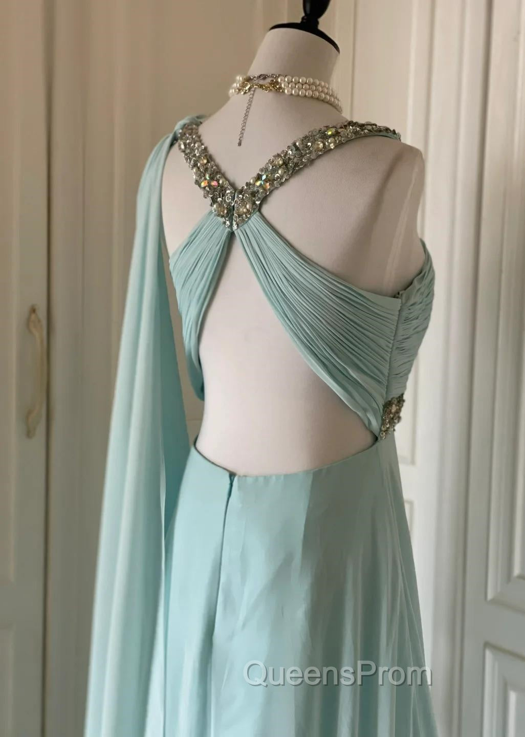 Gentle Tiffany Blue Chiffon V-Neck Beaded Sequin A-Line Long Evening Prom Dress Wedding Evening Dress