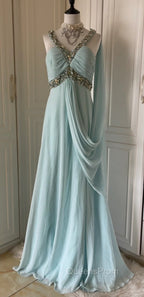Gentle Tiffany Blue Chiffon V-Neck Beaded Sequin A-Line Long Evening Prom Dress Wedding Evening Dress