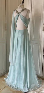 Gentle Tiffany Blue Chiffon V-Neck Beaded Sequin A-Line Long Evening Prom Dress Wedding Evening Dress