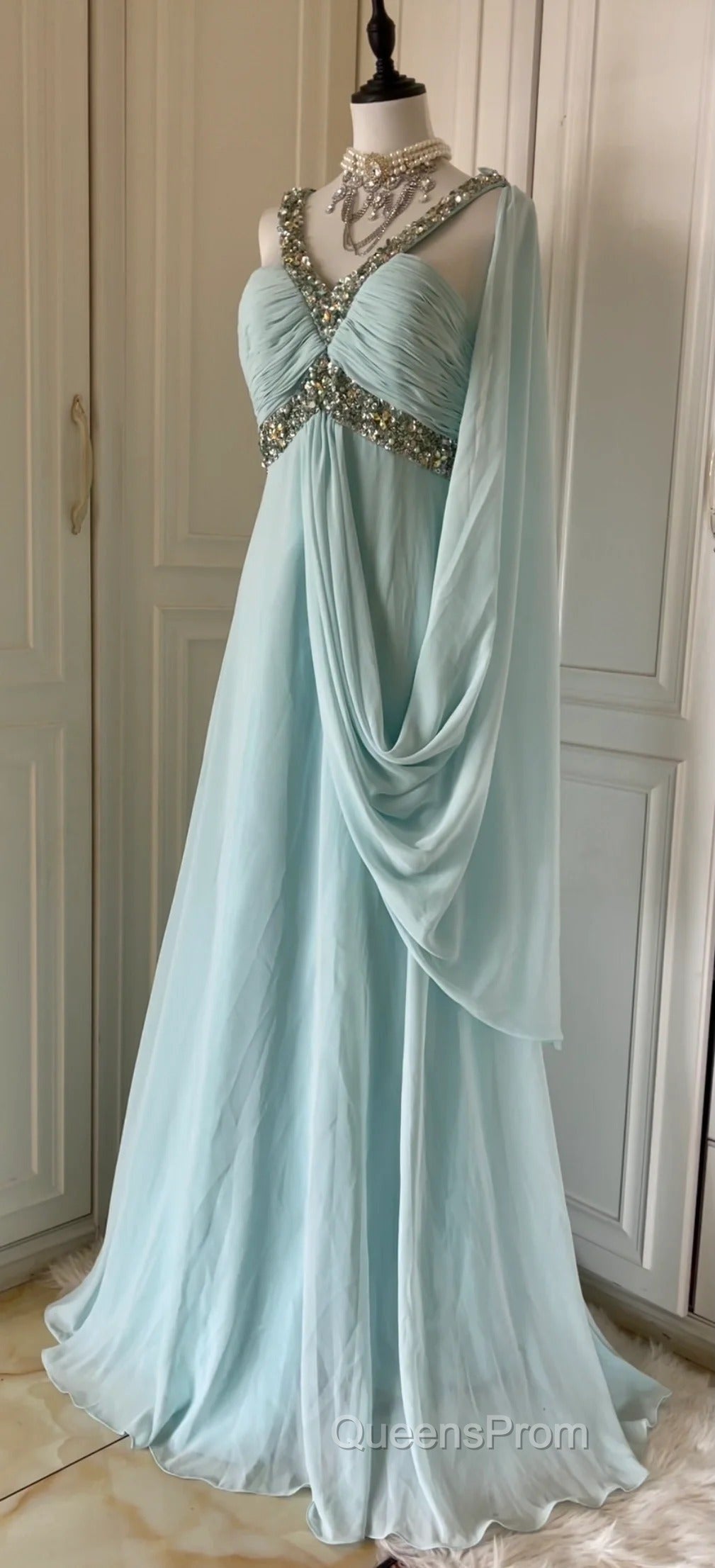 Gentle Tiffany Blue Chiffon V-Neck Beaded Sequin A-Line Long Evening Prom Dress Wedding Evening Dress