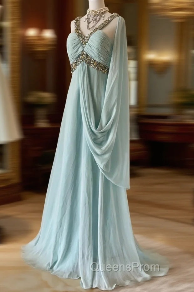 Gentle Tiffany Blue Chiffon V-Neck Beaded Sequin A-Line Long Evening Prom Dress Wedding Evening Dress Main image