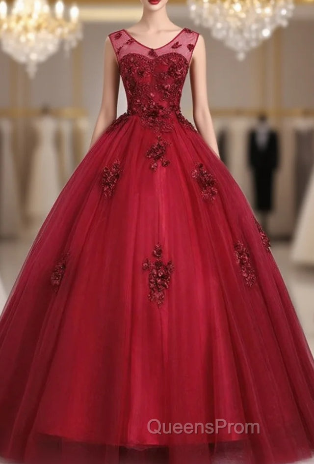 Get Your Discounts Burgundy Ball Gown Tulle Appliques V-neck Quinceanera Dress
