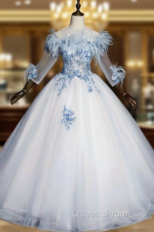 Get Your Discounts Light Ball Gown Tulle Appliques 3/4 Sleeve Quinceanera Dress