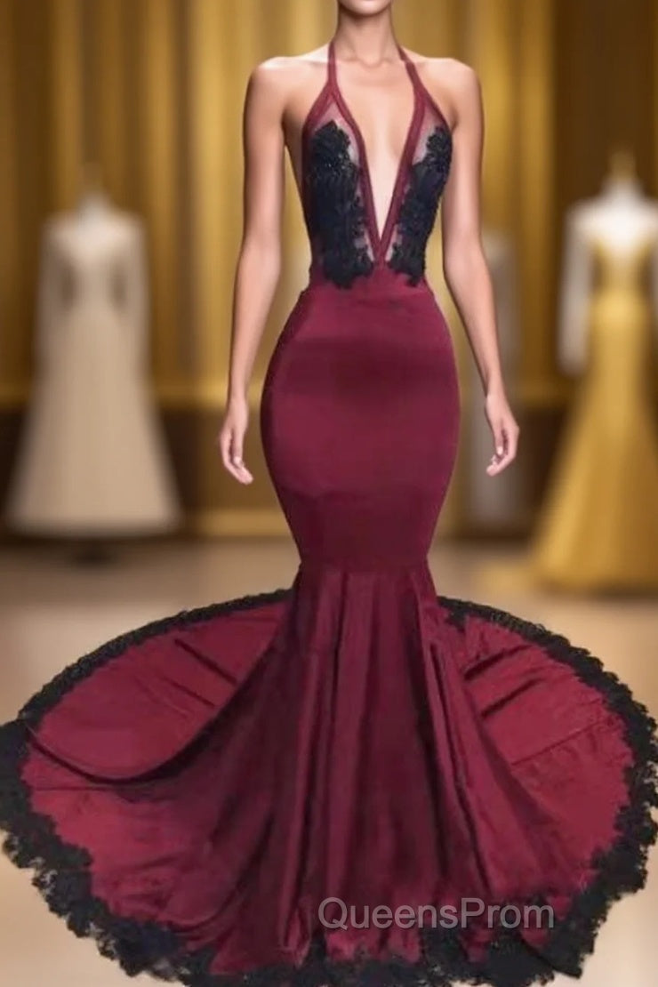 Burgundy Halter Deep V Neck Mermaid Evening Prom Dress with Lace, Long Evening Gown