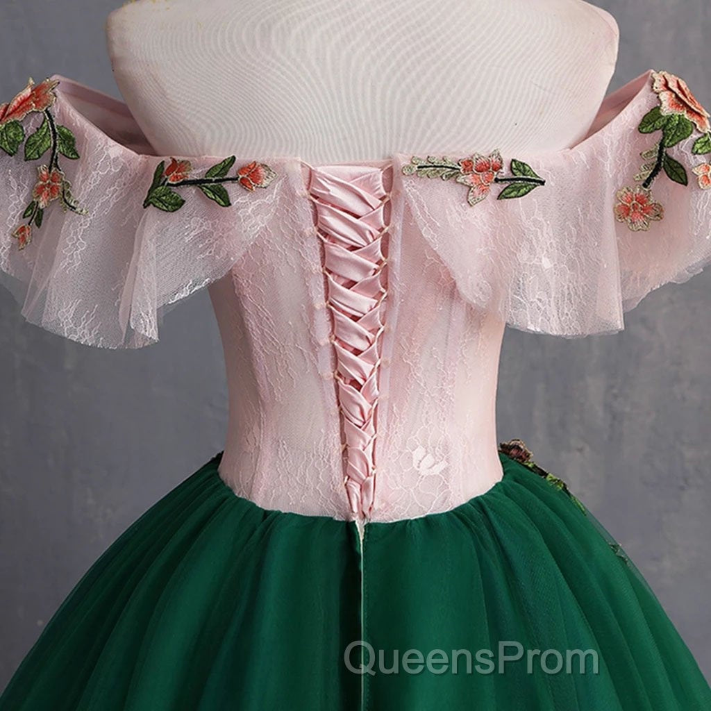 Green Off the Shoulder Floor Length Evening Prom Dress with Appliques, Puffy Quinceanera Dress