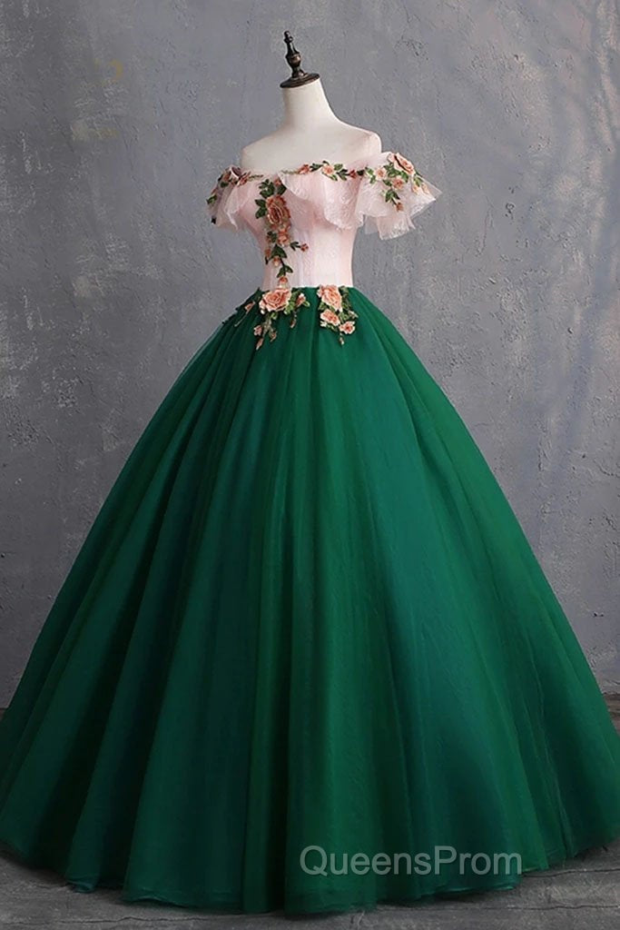 Green Off the Shoulder Floor Length Evening Prom Dress with Appliques, Puffy Quinceanera Dress