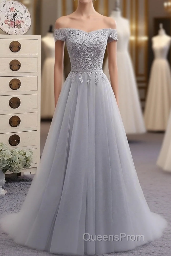 Gray A Line Lace Off Shoulder Evening Prom Dress, Lace Evening Dress Main image